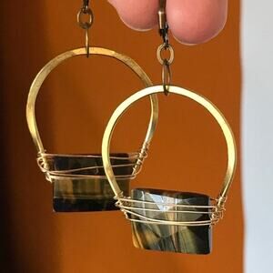Artisan semiprecious tiger's eye wire wrap gold tone earrings